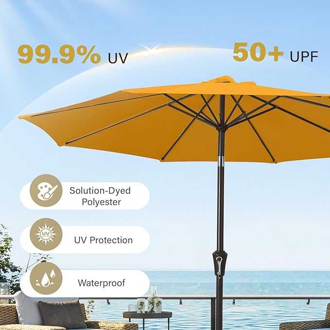 MEWAY 9ft Patio Umbrella Outdoor Table Umbrellas with Push Button Tilt and Crank, Market Umbrella 8 Sturdy Ribs for Deck, Garden, Pool and Backyard, Sun Orange MEWAY
