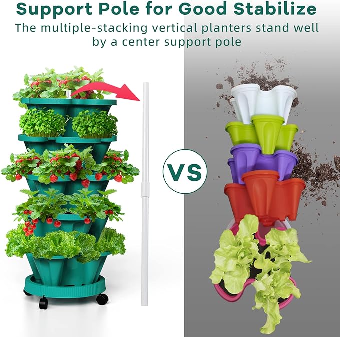 Strawberry Vertical Planters Tower Garden, 7 Tiered Stacking Herb Vegetable Planter with Support Pole Indoor and Outdoor - Hunter Green Tectsia