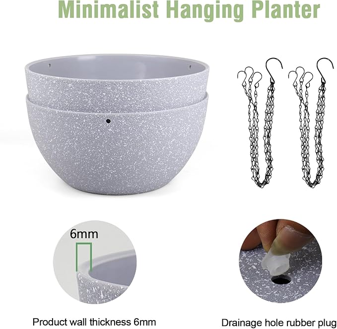 8 inch Small Hanging Planters for Indoor Outdoor Plants, 2 Pack Hanging Flower Pots with Drainage Holes and Chain for Garden Porch, Plastic Hanging Baskets for House Plants, Speckled Grey Meowell