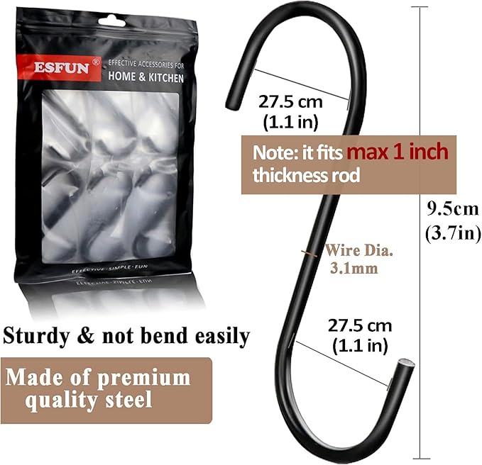 30 Pack 3.7 inch Length S Hooks Black Steel S Shaped Hooks for Hanging Jeans Pans Pots Plants Bags Towels Kitchen Closet Hooks Hanger, Fit The Rod Dia Less than1 inches ESFUN