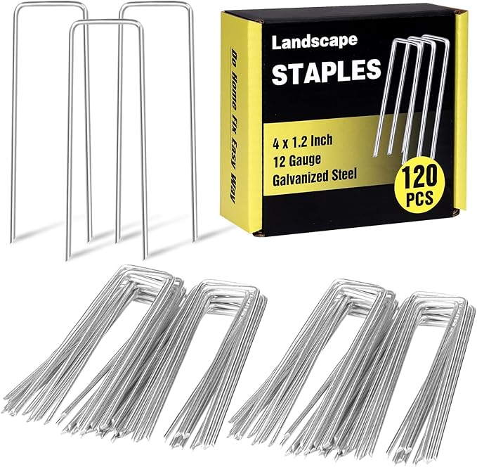 HongWay 120 Pack 4 Inch Landscape Garden Staples, Garden Stakes Galvanized 12 Gauge SOD Ground Stakes Landscaping Fabric Pins Yard Staples for Lawn Turf Hose Irrigation Tubing HongWay