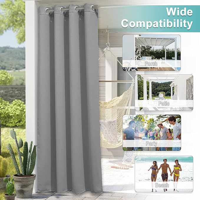 NICETOWN Blackout Outdoor Curtain for Patio Waterproof, Thermal Insulated Rustproof Grommet Privacy Indoor Outdoor Living Divider Curtain/Drape for Gazebo, Silver Grey, 1 Panel, 100" W by 108" L NICETOWN