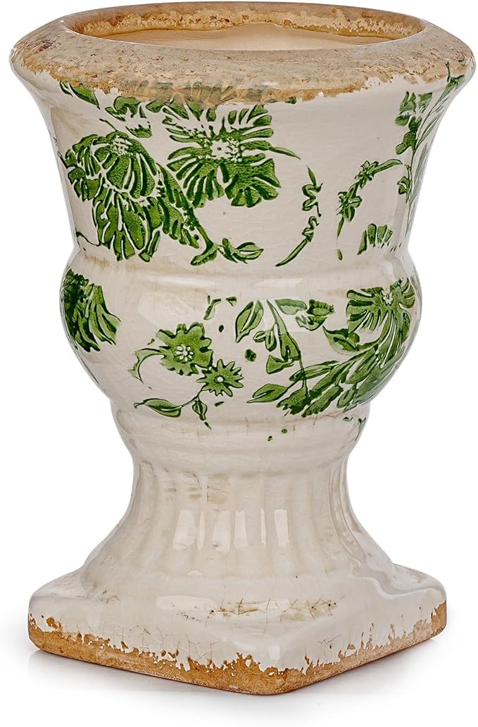 Sungmor Small Ceramic Urn Planter - Green Scroll Floral Pedestal Flower Pot, Decorative Vintage Chinoiserie Style Planters, Tuscan Accent Vase Indoor Outdoor Plant Holder with Drainage Sungmor