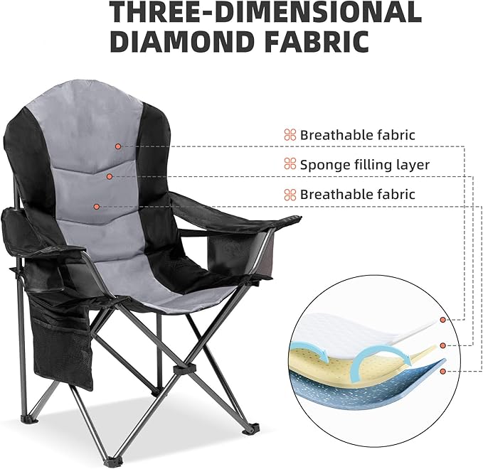 2 Pack Folding Camping Chairs for Adults - High Back Padded Outdoor Lawn Chairs with Lumbar Support & Cup Holder, 400lbs Heavy Duty Portable Camping Chairs Set (Black & Light Gray) Rootora