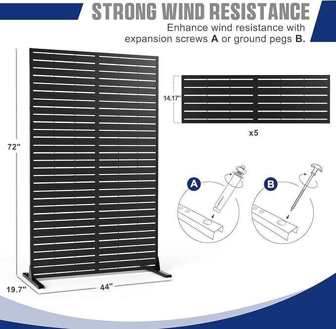 FENCY Metal Privacy Screen with Stand 72" H×44" W Outdoor Freestanding Privacy Panels, Outdoor Privacy Screen for Deck Patio Balcony(Black-Louvered) FENCY