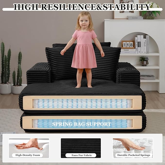 HANXIN 62" Chaise Lounge Chair Indoor, Oversized Corduroy Boneless Convertible Chaise Lounge Couch Sleeper Chair with Ottoman, Deep Seat Reading Chair, No Assembly Required (Black) HANXIN