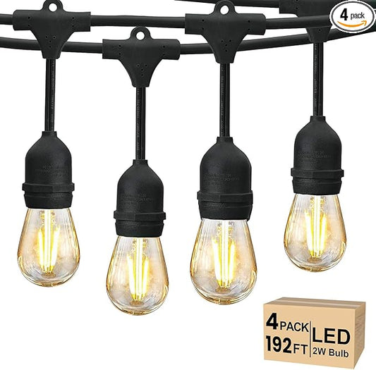 Svater 192 FT Outdoor String Lights 2W, Patio Light for Outside with 64 Antique S14 Plastic LED Bulbs, IP65 Waterproof Hanging Cafe Market Lighting, ETL-Listed Dimmable Warm White (48 FT x 4) Svater