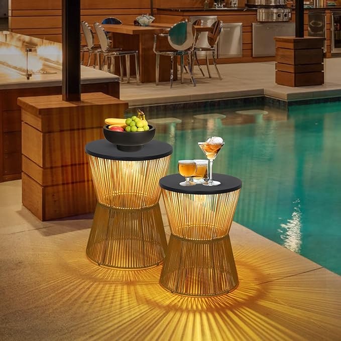 HMVPL Solar Outdoor Side Table with Dimmable Light, Patio Side Tables for Outside, Round Outdoor End Tables Set of 2, Plastic Rattan Patio End Accent Table for Poolside Backyard Gazebo, Dusk to Dawn HMVPL