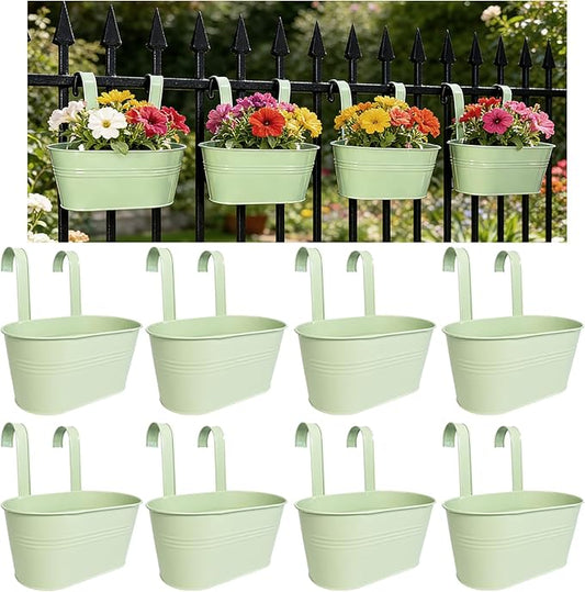 Balcony Hanging Planters Flower Pots, 10" Metal Flower Pots for Outdoor Balcony Rails, Fence Pot Hanging Plant Holders with Detachable Hooks for Garden Patio Yard Decor (Mint Green, 8Pcs) JOYFERNAL