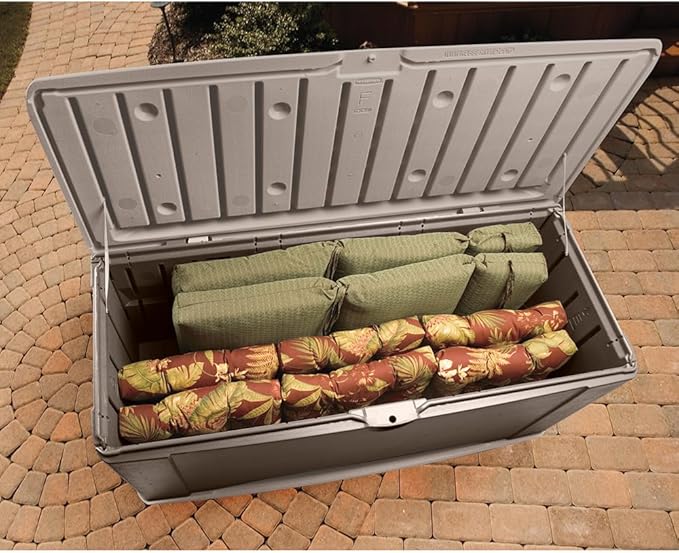 Rubbermaid Extra Large Resin Outdoor Storage Deck Box with Seat (120 Gal), Weather Resistant, Brown, Deck Organization for Home/Backyard/Pool Chemicals/Toys/Garden Tools/Porch/Patio Cushions Rubbermaid