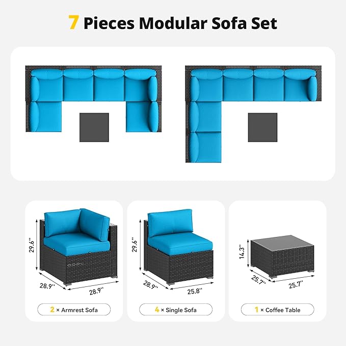 Aoxun Patio Furniture Set, 7 Piece Outdoor Sectional Sofas with Waterproof Cover, Wicker Rattan Outdoor Furniture Patio Conversation Set for Backyard, Garden Peacock Blue Aoxun
