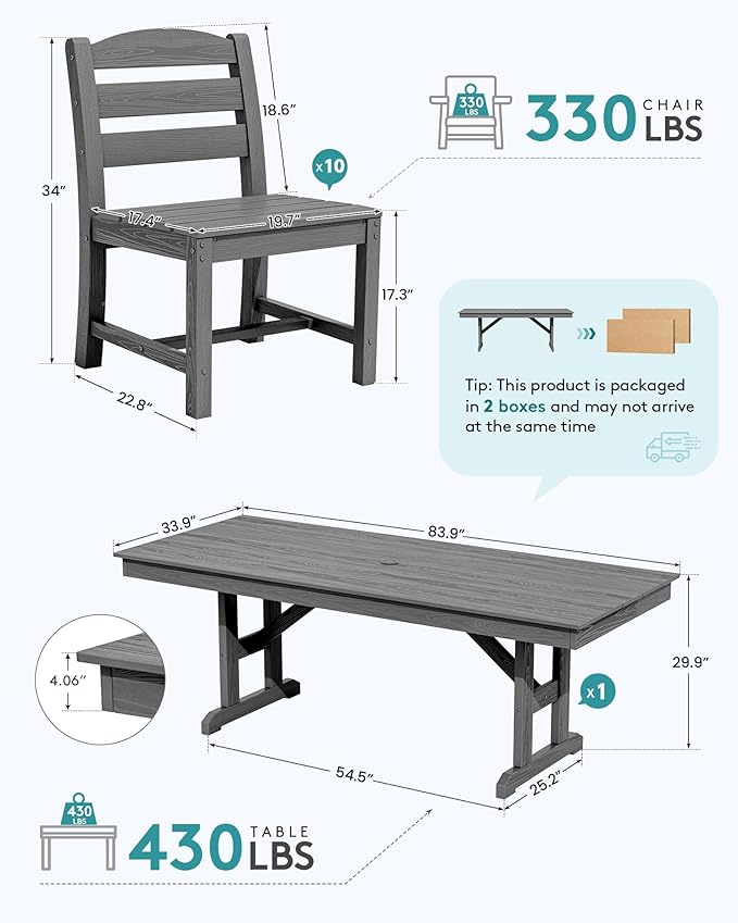 SERWALL 11 Piece Outdoor Dining Set, 84" HDPE Outdoor Table and Chairs for 10，All Weather Patio Furniture Set with Umbrella Hole for Backyard, Garden, Gray SERWALL