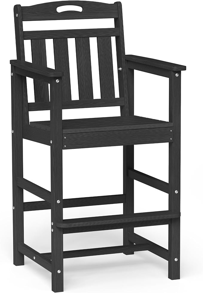 Ciokea Heavy Duty Bar Height Chair, 380lbs Outdoor Adirondack Tall Bar Chair Patio Stool with Arms & High Back, Heavy Duty All-Weather for Balcony, Poolside, Deck and Garden, Black CIOKEA