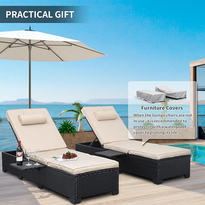 WAROOM Outdoor Chaise Lounge Chairs for Outside Patio Furniture Set of 2 Wicker Recliner Black Rattan Sunbathing Lounger Adjustable Backrest Pool Reclining Chair, Khaki Cushion WAROOM
