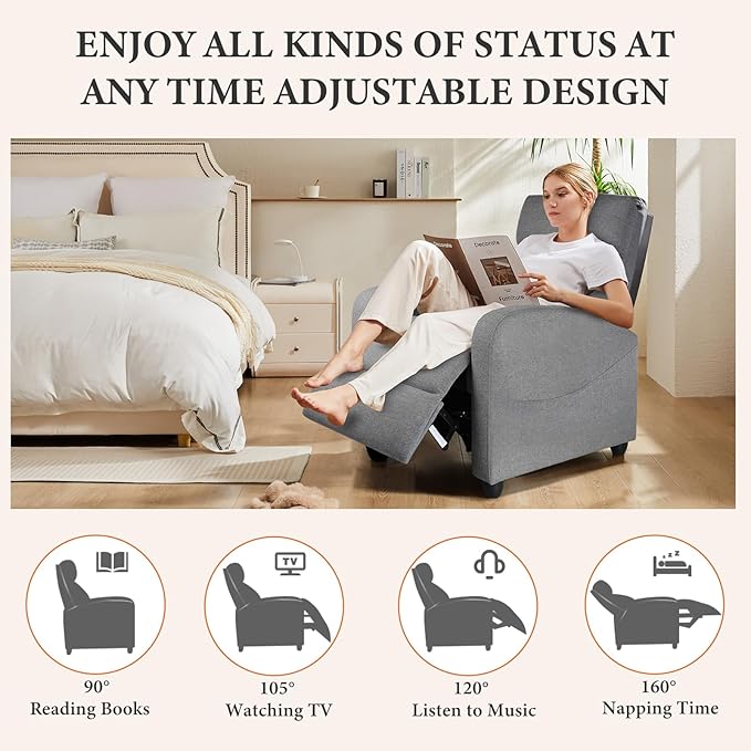 Sweetcrispy Massage Recliner Chair for Adults, Adjustable Home Theater Seating with Lumbar Support for Living Room, Modern Fabric Reclining, Cool Gray Sweetcrispy