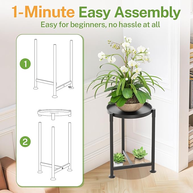 iDavosic.ly 1 Tier Corner Plant Stand Indoor, 16 Inch Tall Vertical Metal Flower Heavy Duty Pot Holder Shelf Outdoor for Patio Porch Living Room, Modern Black iDavosicly