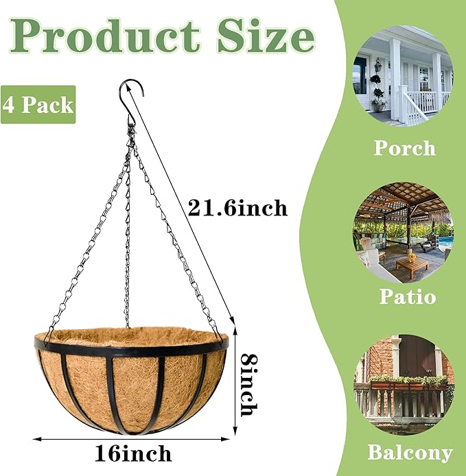 Black Flat Iron Metal Hanging Planter Basket with Coco Coir Liner(4 Pack, 16 Inch) Hanging Planters for Outdoor Plants Round Plant Flower Pots Hanging Flower Basket for Outdoor Patio Garden Decoration EIMQUVW