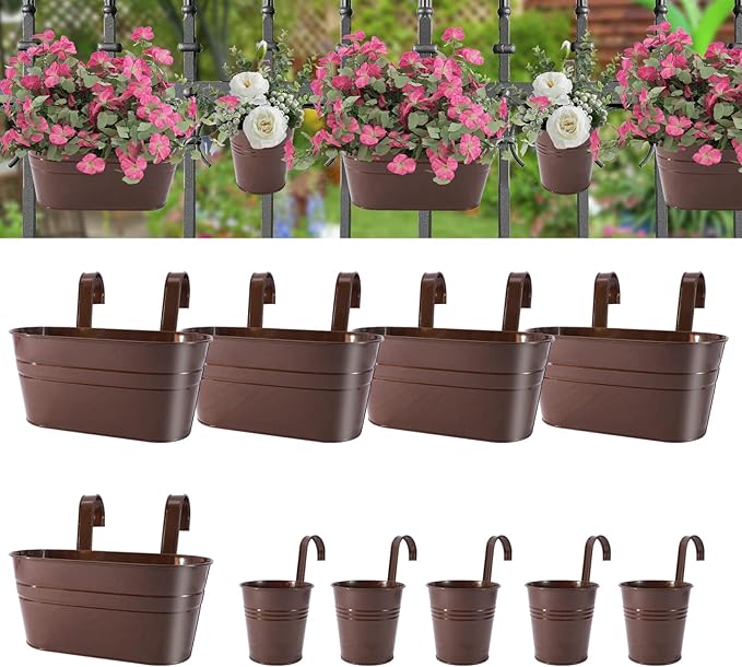 HowRU Metal Iron Flower Pots for Railing Fence Hanging Bucket Pots(5 Pcs) and Hanging Flower Pots Metal Iron Bucket Planter(10 Pcs) (Bronze) HowRU