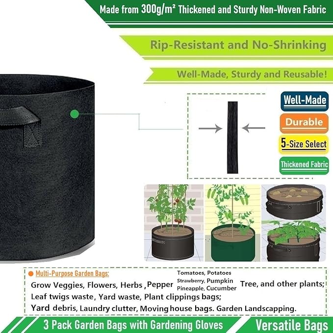 3-Pack 75 Gallon Thickened Plant Grow Bags Large (34x20 in) Heavy Duty Garden Bag Fabric Plant Pots for Tomato,Potato Planter,Herbs Veggies Planting,Flower Pots,Barrel Planter,Leaf Bag,Yard Waste Bags TespherCreationsforYardWorkLawnsCareandGardeningJobsOutdoorActivitiesRVCampingTrips