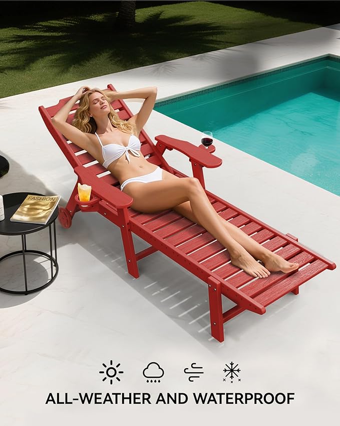 Carauci Lounge Chair Outdoor Set of 2, HDPE Chaise Lounge with Wheels, 5-Position Adjustable Backrest & 2 Cup Holders Patio Lounge Chair, All-Weather Pool Sun Lounger for Poolside, Backyard, Red Carauci