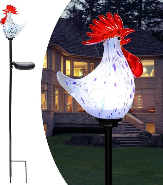 Afirst Decorative Solar Lights Outdoor Solar Rooster Stake Lights Hand Blown Glass Decorative Garden Pathway Lights Outdoor Waterproof Glass Stakes Afirst