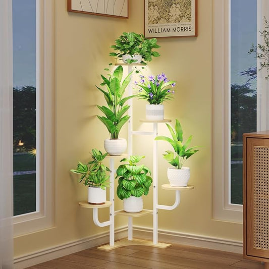 Corner Plant Stand with Grow Light - 6 Tier Plant Stand Indoor Round Metal Plant Shelf with Adjustable Light, Plant Organizer for Living Room, Graden, Home Decor (Maple) Homsorout