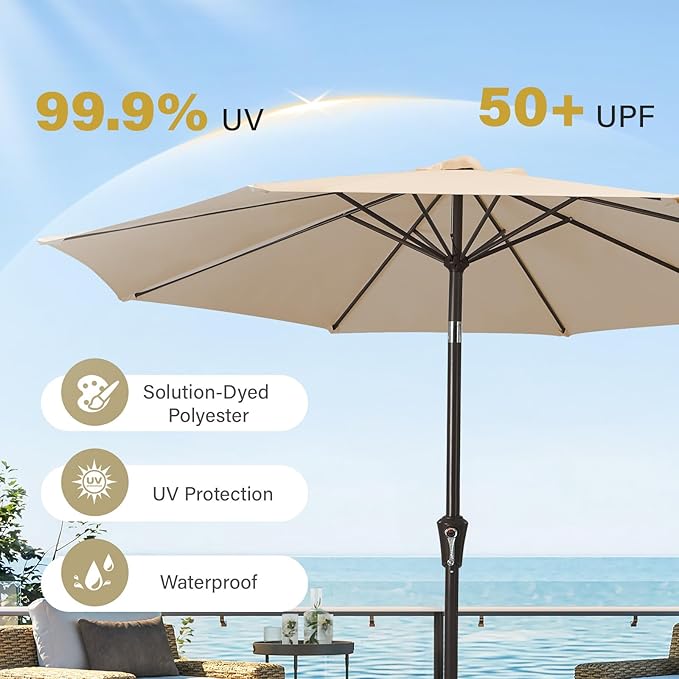 MEWAY 9ft Patio Umbrella Outdoor Table Umbrellas with Push Button Tilt and Crank, Market Umbrella 8 Sturdy Ribs for Deck, Garden, Pool and Backyard, Cream Beige MEWAY