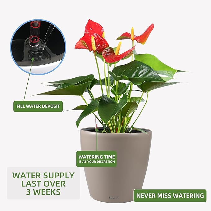 Dexceder 13x12 Self Watering Planter with Wheels Indoor Outdoor, Inner Pot Design, Thickened Large Floor Standing Flower Plant Pot with Water Level Indicator (Taupe Matte) Dexceder