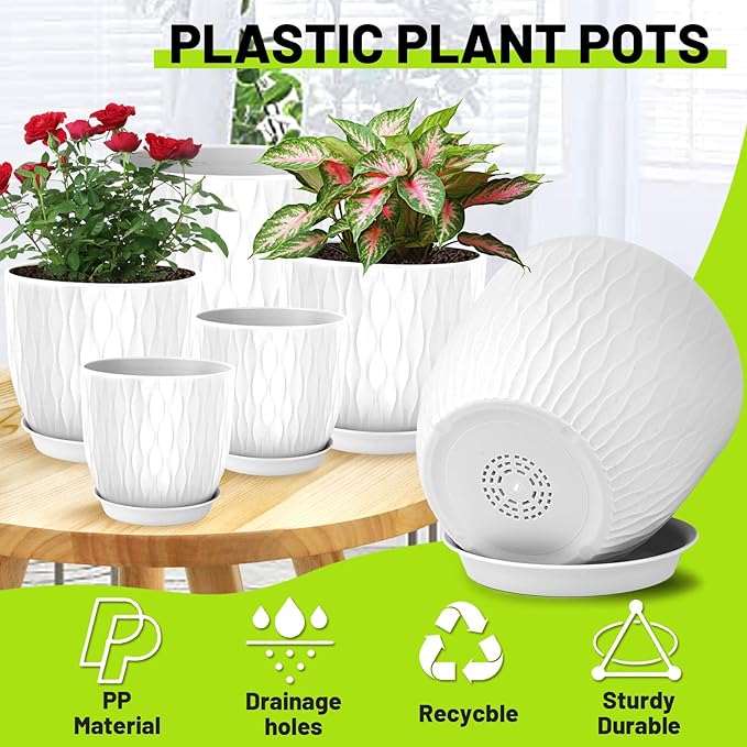 Plastic Plant Pots 10/9/8/7.5/7 inch Set of 5, Flower Planters with Drainage Holes and Saucers, Plastic Pots for Indoor Outdoor Plants, Livingroom Garden Decor (White) LesOasis