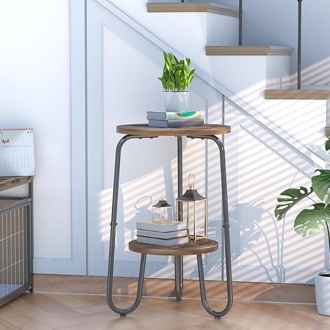 2 Tier Wood Plant Stand Indoor, Small Round Flower Pot Stand, 19.6" Tall Single Plant Holder for Living Room, Balcony, Rustic Brown End Side Table（Rustic Brown） REFGY