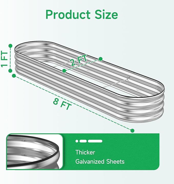 GreatBuddy Galvanized Raised Garden Bed 8×2×1ft, Easy Assembly Outdoor Metal Planter Boxes for Vegetables, Flower, Herb, Anti-Rust& Weather-Resistant, Oval, Silver GreatBuddy