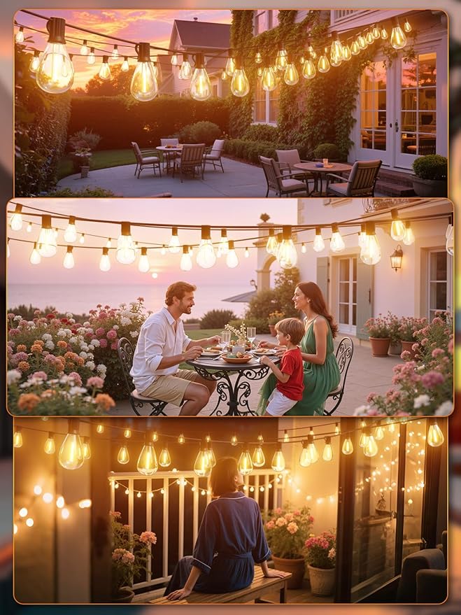 luckystyle 150FT LED Outdoor String Lights with Remote, 55+2 Shatterproof Bulbs Waterproof and Dimmable Patio Lights for Porch, Garden, Backyard, Deck, Balcony, 2200K Hanging Lighting luckystyle