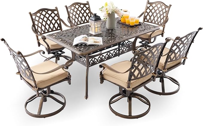 7-Piece Cast Aluminum Patio Furniture, Patio Dining Set for 6 Include 59" Rectangular Outdoor Dining Table and 6 Swivel Chairs with Cushions & Umbrella Hole(Bronze) Rootora