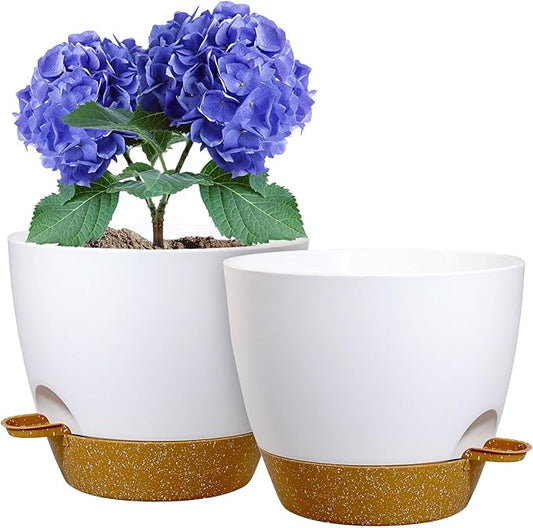 10 inch Self Watering Pots, 2 Pack Plastic Planters with Mesh Drainage Holes for Garden Plants, Plants Pots with Deep Reservoir for Indoor Outdoor Plants, White with Brown WSMKSZ