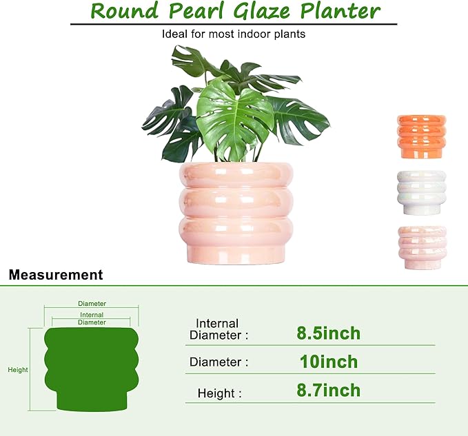 10 inch Ceramic Plant Pots for Indoor Plants, Rainbow Pearl Glaze Planter with Planters for Plants with Drainage Hole, Orchid Pots, Succulent Pot, Large Flower Pot (Pink) YFFSRJDJ