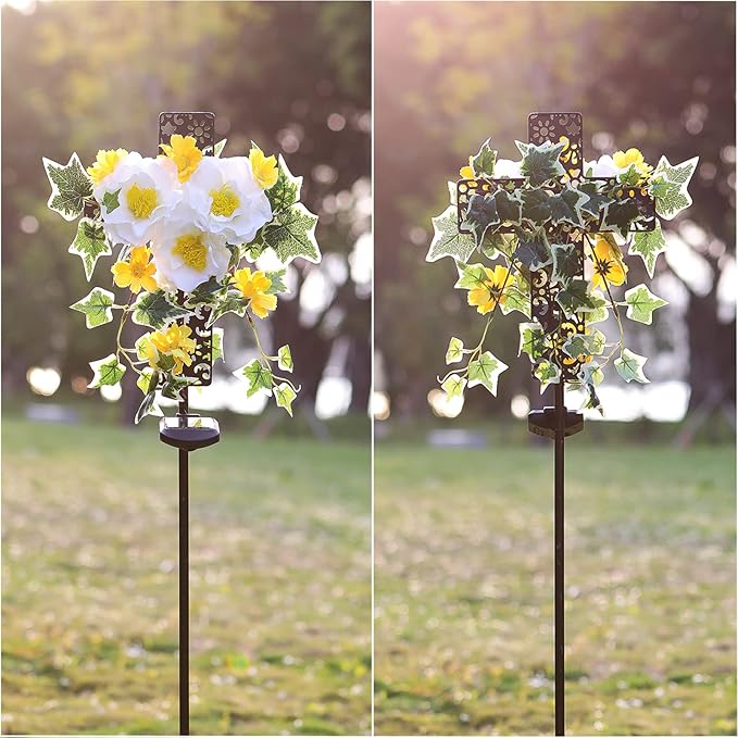 Starryfill Solar Memorial Cross Lights with 3 Flowers, LED Grave Maker, Waterproof Cemetery, 40.5 Inch High Remembrance Sympathy Gifts for Loved Ones Starryfill