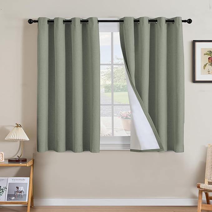 H.VERSAILTEX Linen Curtains 100% Blackout Curtains for Bedroom 45 inch Long Full Light Blocking Nature Linen Blended Window Curtains for Living Room Nickel Grommet (2 Panels, Heathered Dried Sage) HVERSAILTEX