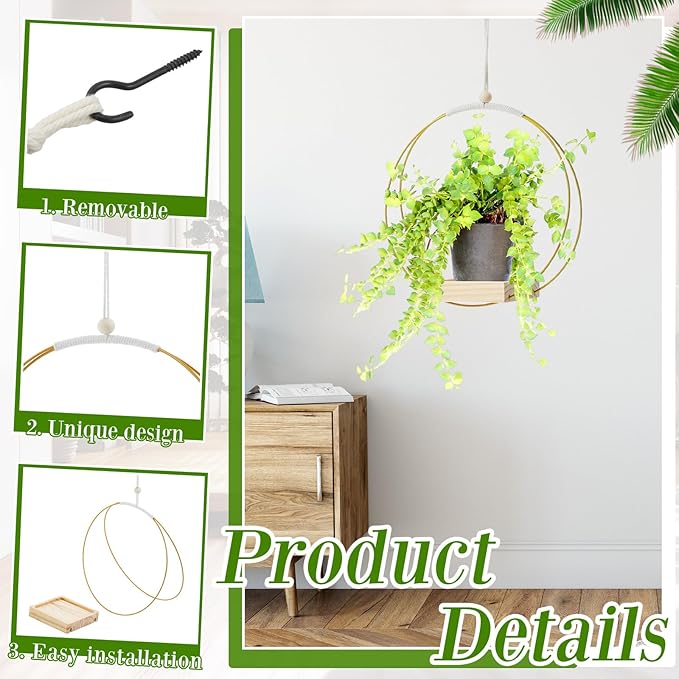 Geelin 4 Pack Plant Hanger with Wood Base Hanging Window Planter Boho Macrame Hanging Potted Plant Holders for Indoor Outdoor Window Wall Ceiling Home Decoration, Pot & Sapling Not Included(Gold) Geelin