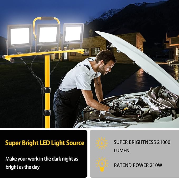 22000 Lumen Work Lights with Stand, 3 Head Portable LED Work Light, with Adjustable&Foldable Tripod Stand, IP66 Waterproof Lamp for Outdoor Indoor Job Site Workshop Garage Construction Site Lighting GUWELL