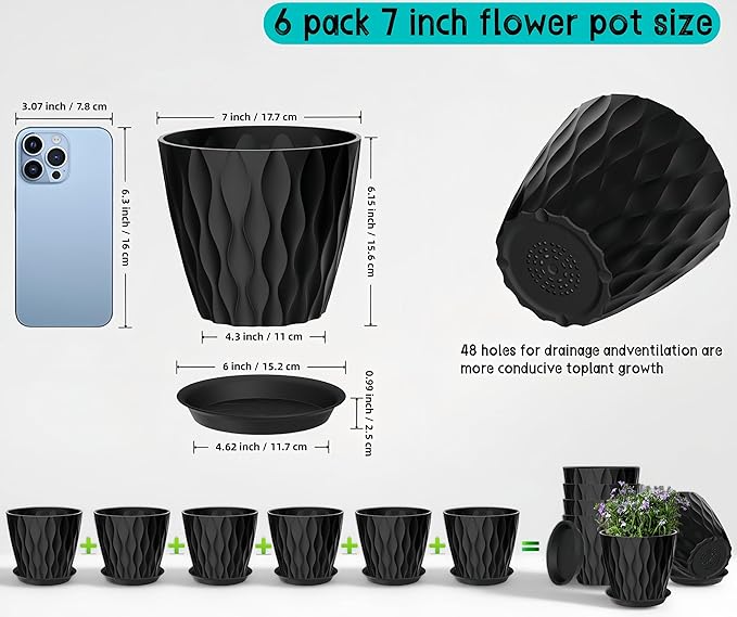 6 Pack 7 Inch Plant Pots with Drainage and Saucers, Black Plastic Flower Pots for Indoor and Outdoor Plants, Stackable Nursery Planters for Houseplants and Herbs, Black zople