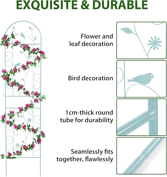Metal Garden Trellis for Climbing Plants, 86.5" x 19.7" Metal Plant Trellis Outdoor, Green Iron Garden Trellis, Clematis Rrellis Outdoor, Arched Decoration Suitable for courtyards, lawns, Gard, Green FHWTY
