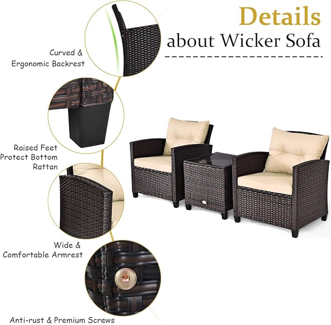 Tangkula 3 Pieces Patio Furniture Set, PE Rattan Wicker 3 Pcs Outdoor Sofa Set w/Washable Cushion and Tempered Glass Tabletop, Conversation Furniture for Garden Poolside Balcony (Beige) TANGKULA