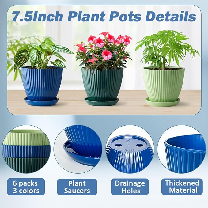 Plastic Plant Pots, 6 Pack 7.5 Inch Flower Pots with Drainage Holes and Saucer, Planters for Indoor Outdoor Plants, Stylish Decor for Home and Garden(Blue, Green, Dark Green) RooTrimmer