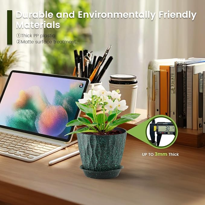 5 inch Plant Pots for Indoor Outdoor Plants, 6 Pack Thick Nursery Pots with Drainage Holes and Saucers, 3D Modern Wave Texture Small Plastic Planter Flower Pots, Black with Green Speckles Meowell