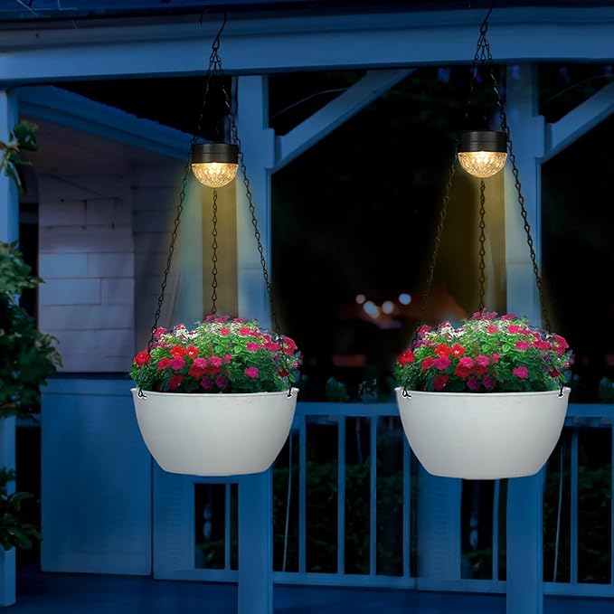 SUNNYPARK 2 Packs Hanging Planters Basket for Outdoor Plants, Solar Powered Self Watering White Round Plastic Flower Pots with Drainer for Balcony Patio Garden Outdoor Decoration SUNNYPARK