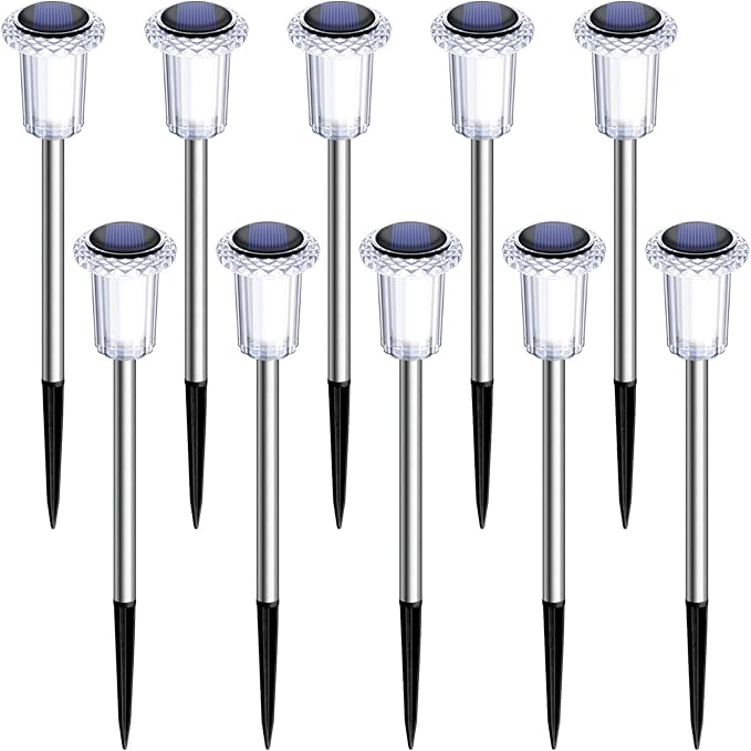 Solar Pathway Lights 10 Pack Christmas Solar Lights Outdoor Waterproof 6000K Cold White Yard Lighting, LED Stainless Steel Stake for Garden Outside Landscape Lawn Driveway Walkway Path Gorrzai
