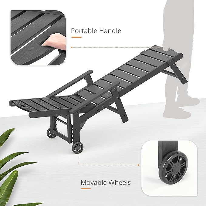 LUE BONA Chaise Lounge Chair with Table, 6-Piece, HDPS Chaise Lounger, 5 Positions Adjustable Lounge Chairs, Pool Lounge Chair with Wheels for Poolside, Backyard, Dark Gray LUEBONA