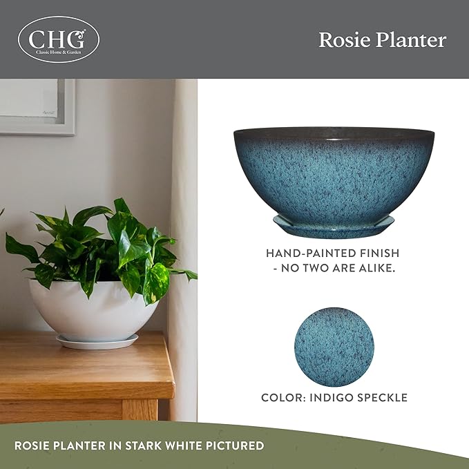 Classic Home and Garden Rosie Modern Planter w/Drainage - Contemporary Planter Bowls - Shallow Round Vases for Small Plants - Versatile Indoor & Outdoor Pots (10” Indigo Speckle) ClassicHomeandGarden