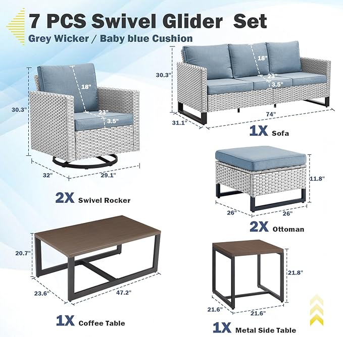 Belord 7 Piece Outdoor Furniture Patio Wicker Sofa Set, Oversize Outdoor Swivel Rocker Chairs with Rattan Ottomans, Conversation Sets Patio Furniture Come with Removable Cushion Baby Blue, Light Grey Belord