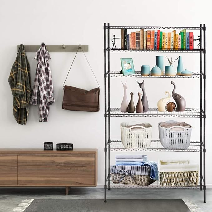 BestOffice | 6-Tier Wire Storage Shelves | 42x16x72 | Black | with Adjustable Racks | Heavy-Duty Metal Shelf, Holds Upto 1500 lbs | No-Tool Assembly | Ideal for Home & Garage Shelving BestOffice
